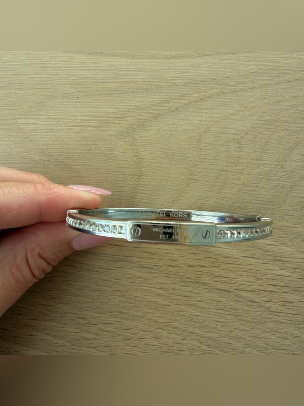 Michael Kors Silver Tone Pavé White Crystal Bangle Cuff Bracelet Signed
